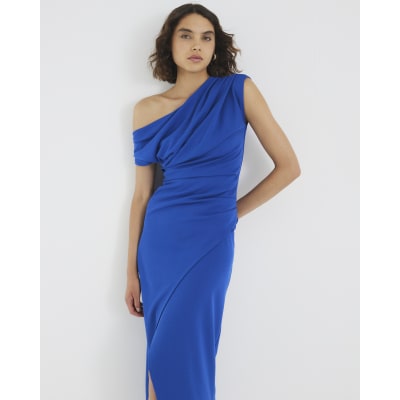 Blue Asymmetric Draped Wrap Midi Dress