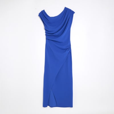 Blue Asymmetric Draped Wrap Midi Dress