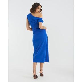 Blue Asymmetric Draped Wrap Midi Dress