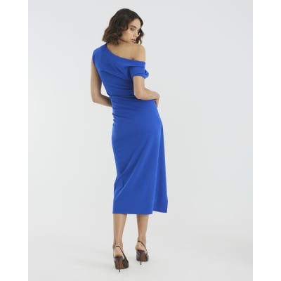 Blue Asymmetric Draped Wrap Midi Dress