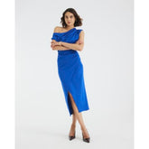 Blue Asymmetric Draped Wrap Midi Dress