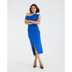 Blue Asymmetric Draped Wrap Midi Dress