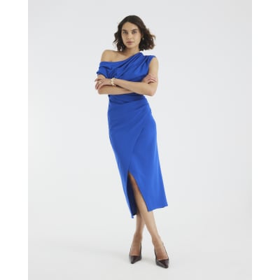 Blue Asymmetric Draped Wrap Midi Dress
