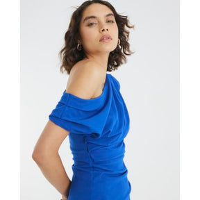 Blue Asymmetric Draped Wrap Midi Dress