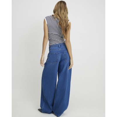 Blue Baggy Wide Leg Tie Waist Jeans