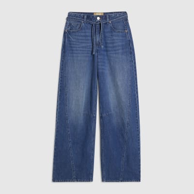 Blue Baggy Wide Leg Tie Waist Jeans