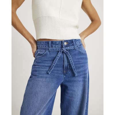 Blue Baggy Wide Leg Tie Waist Jeans