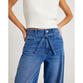 Blue Baggy Wide Leg Tie Waist Jeans