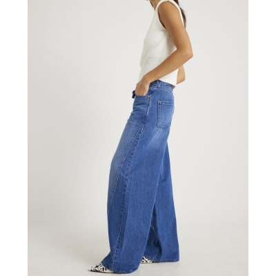 Blue Baggy Wide Leg Tie Waist Jeans