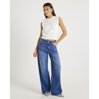 Blue Baggy Wide Leg Tie Waist Jeans