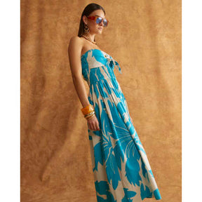 Blue Bandeau Poplin Midi Dress