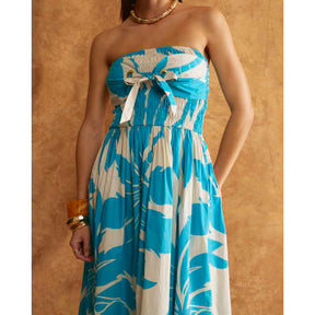 Blue Bandeau Poplin Midi Dress