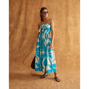 Blue Bandeau Poplin Midi Dress