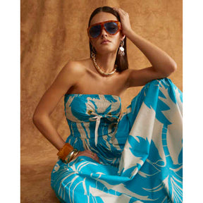 Blue Bandeau Poplin Midi Dress