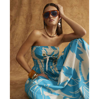 Blue Bandeau Poplin Midi Dress