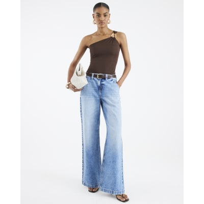 Blue Belted Low Rise Baggy Wide Leg Jeans