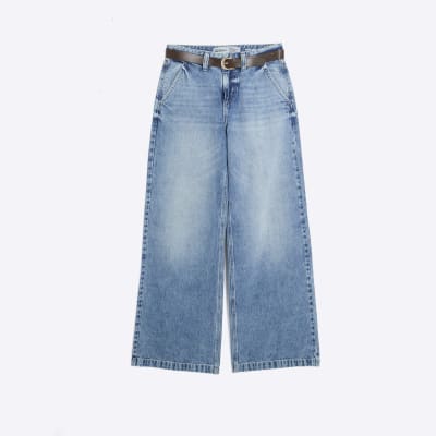 Blue Belted Low Rise Baggy Wide Leg Jeans