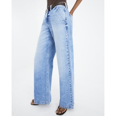 Blue Belted Low Rise Baggy Wide Leg Jeans