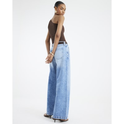 Blue Belted Low Rise Baggy Wide Leg Jeans