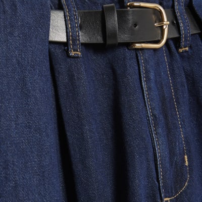 Blue Belted Pleated Wide Leg Jeans