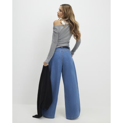 Blue Belted Pleated Wide Leg Jeans