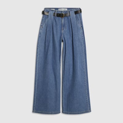 Blue Belted Pleated Wide Leg Jeans