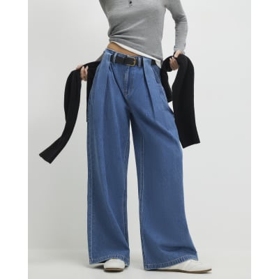 Blue Belted Pleated Wide Leg Jeans