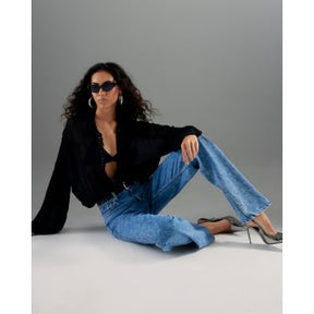 Blue Belted Relaxed Straight Leg Jeans