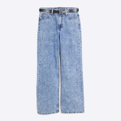 Blue Belted Relaxed Straight Leg Jeans