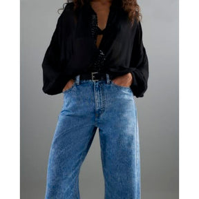 Blue Belted Relaxed Straight Leg Jeans