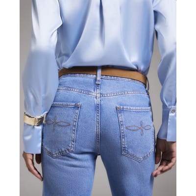 Blue Belted Stretch Straight Leg Jeans