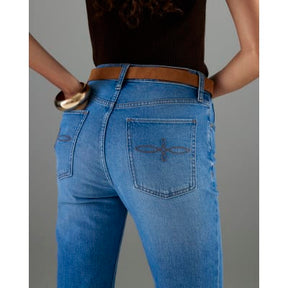 Blue Belted Stretch Straight Leg Jeans