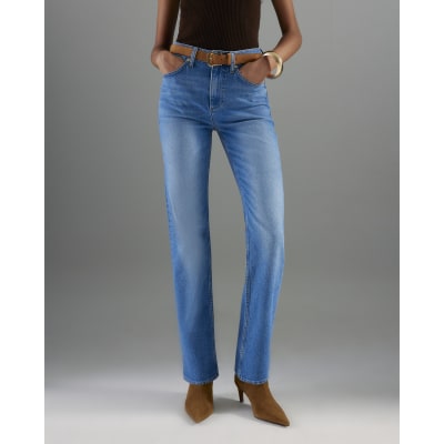 Blue Belted Stretch Straight Leg Jeans