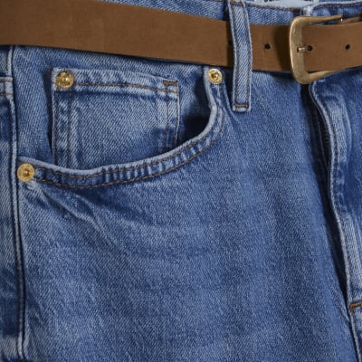 Blue Belted Stretch Straight Leg Jeans