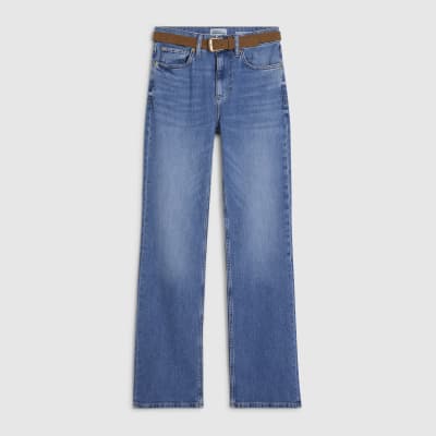 Blue Belted Stretch Straight Leg Jeans