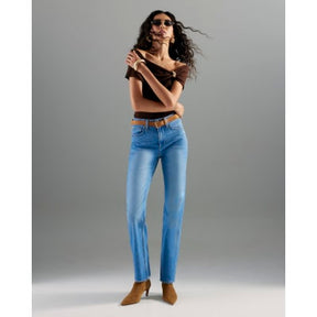 Blue Belted Stretch Straight Leg Jeans