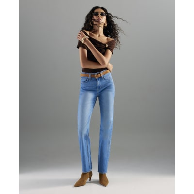 Blue Belted Stretch Straight Leg Jeans
