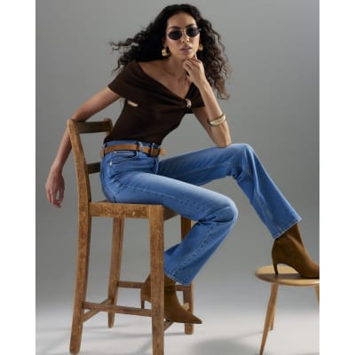 Blue Belted Stretch Straight Leg Jeans