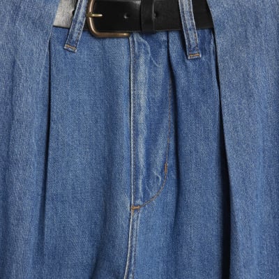 Blue Belted Wide Leg Pleated Jeans