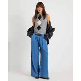 Blue Belted Wide Leg Pleated Jeans