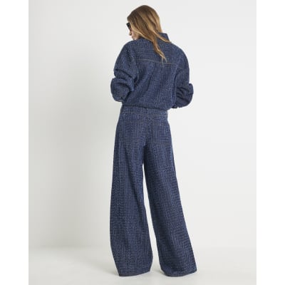 Blue Boucle Baggy Wide Leg Jeans