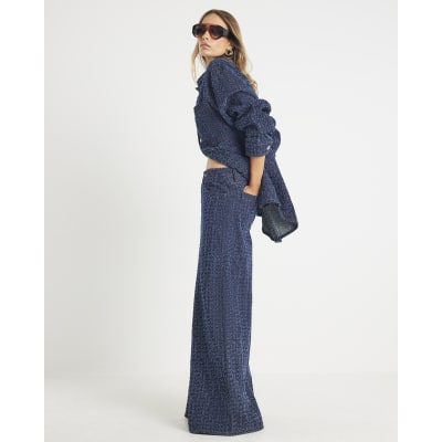 Blue Boucle Baggy Wide Leg Jeans