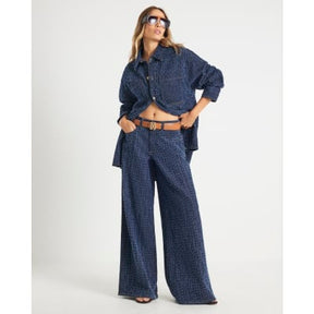 Blue Boucle Baggy Wide Leg Jeans