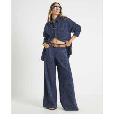 Blue Boucle Baggy Wide Leg Jeans