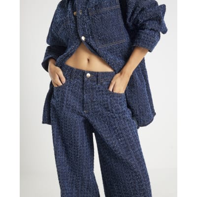 Blue Boucle Baggy Wide Leg Jeans