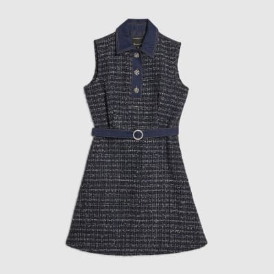 Blue Boucle Belted Mini Dress