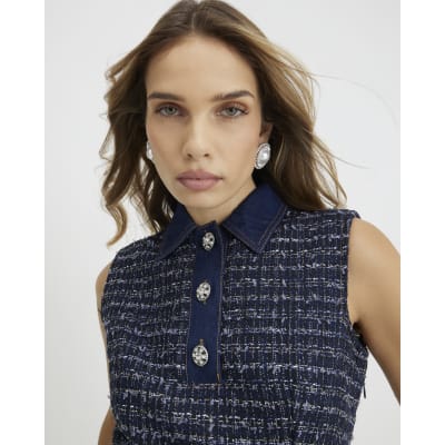 Blue Boucle Belted Mini Dress