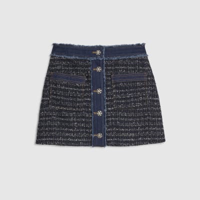 Blue Boucle Denim A line Mini Skirt