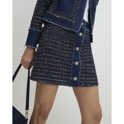 Blue Boucle Denim A line Mini Skirt