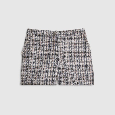 Blue Boucle Fringed Trim Shorts